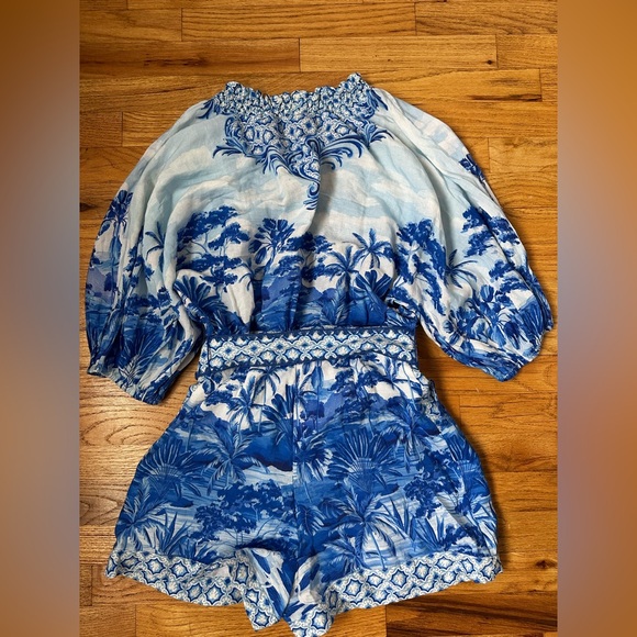 FARM RIO ANTHROPOLOGIE Blue Floral V-Neck Romper with Belt - Picture 10 of 12